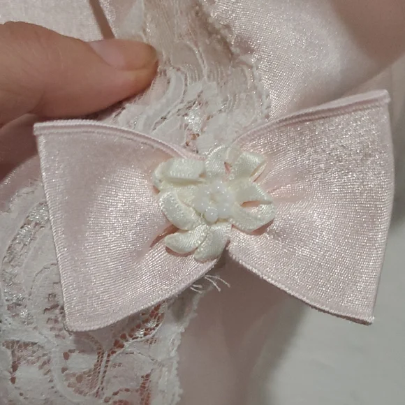 Vintage Christian Dior Elegant Pink Satin Nightgown With Asymmetrical Lace & Bow - Picture 6 of 16